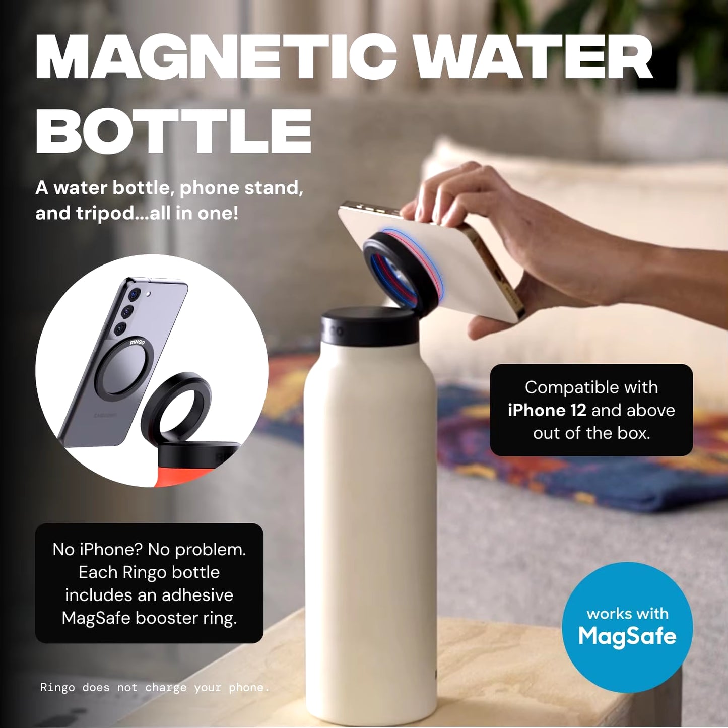 Stainless Steel Water Bottle with Magnetic Phone Tripod